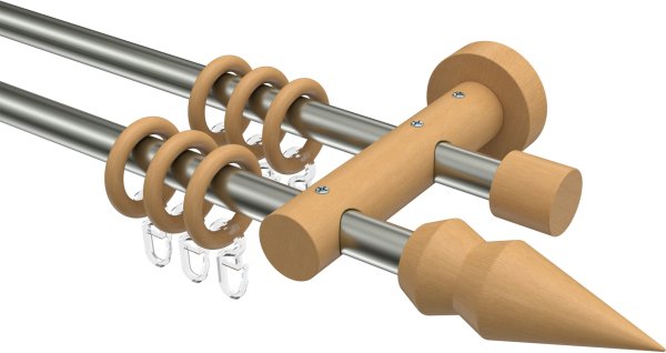 Gardinenstange Metall / Holz 16 mm Ø 2-läufig ADRIAN - Doman Edelstahl-Optik / Buche lackiert 100 cm
