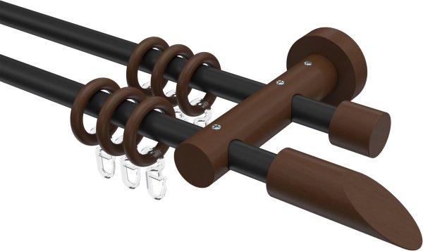 Gardinenstange Metall / Holz 16 mm Ø 2-läufig ADRIAN - Franca Schwarz / Nussbaum lackiert 100 cm