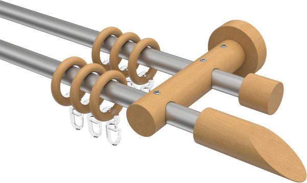 Gardinenstange Metall / Holz 16 mm Ø 2-läufig ADRIAN - Franca Silbergrau / Buche lackiert 100 cm