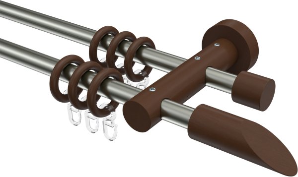 Gardinenstange Edelstahl / Holz Nussbaum lackiert 16 mm Ø 2-läufig ADRIAN - Franca 100 cm
