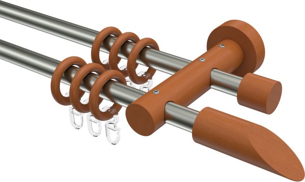 Gardinenstange Edelstahl / Holz Kirschbaum lackiert 16 mm Ø 2-läufig ADRIAN - Franca 100 cm