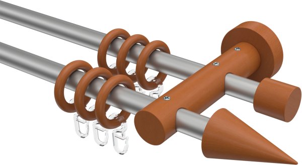 Gardinenstange Metall / Holz 16 mm Ø 2-läufig ADRIAN - Holly Silbergrau / Kirschbaum lackiert 100 cm