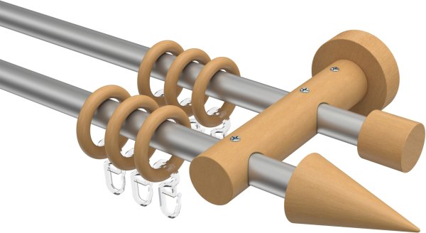 Gardinenstange Metall / Holz 16 mm Ø 2-läufig ADRIAN - Holly Silbergrau / Buche lackiert 100 cm
