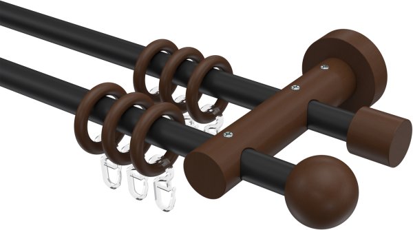 Gardinenstange Metall / Holz 16 mm Ø 2-läufig ADRIAN - Geo Schwarz / Nussbaum lackiert 100 cm