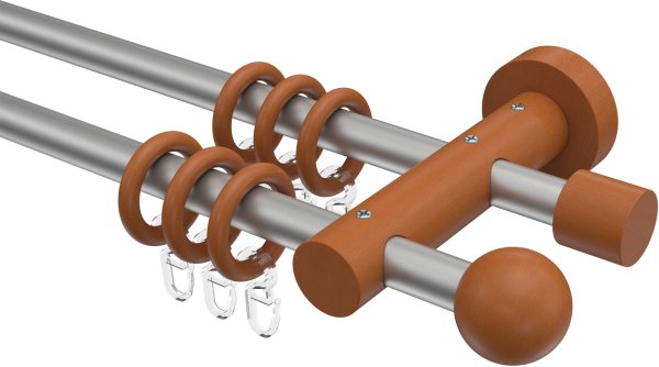Gardinenstange Metall / Holz 16 mm Ø 2-läufig ADRIAN - Geo Silbergrau / Kirschbaum lackiert 100 cm