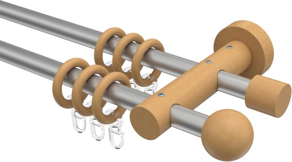Gardinenstange Metall / Holz 16 mm Ø 2-läufig ADRIAN - Geo Silbergrau / Buche lackiert 100 cm
