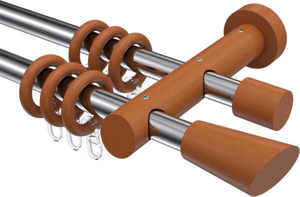 Gardinenstange Metall / Holz 20 mm Ø 2-läufig TALENA - Bero Chrom / Kirschbaum lackiert 200 cm