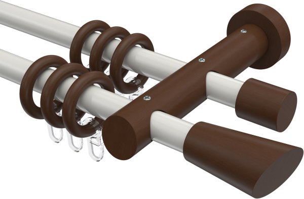 Gardinenstange Metall / Holz 20 mm Ø 2-läufig TALENA - Bero Weiß / Nussbaum lackiert 100 cm