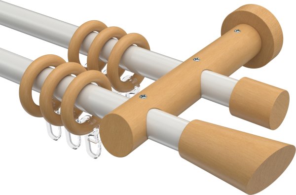 Gardinenstange Metall / Holz 20 mm Ø 2-läufig TALENA - Bero Weiß / Buche lackiert 100 cm