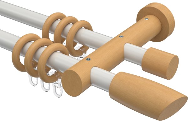 Gardinenstange Metall / Holz 20 mm Ø 2-läufig TALENA - Etta Weiß / Buche lackiert 100 cm