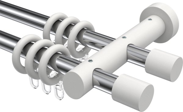 Gardinenstange Metall / Holz 20 mm Ø 2-läufig TALENA - Feta Chrom / Weiß lackiert 100 cm