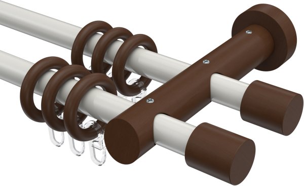Gardinenstange Metall / Holz 20 mm Ø 2-läufig TALENA - Feta Weiß / Nussbaum lackiert 100 cm
