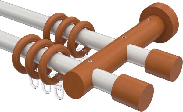 Gardinenstange Metall / Holz 20 mm Ø 2-läufig TALENA - Feta Weiß / Kirschbaum lackiert 120 cm