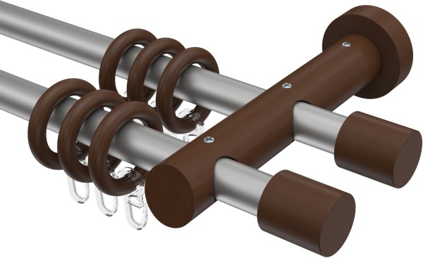 Gardinenstange Metall / Holz 20 mm Ø 2-läufig TALENA - Feta Silbergrau / Nussbaum lackiert 280 cm (2 x 140 cm)