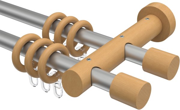 Gardinenstange Metall / Holz 20 mm Ø 2-läufig TALENA - Feta Silbergrau / Buche lackiert 100 cm