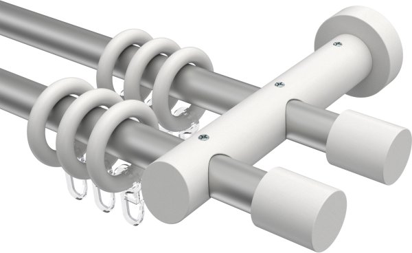 Gardinenstange Metall / Holz 20 mm Ø 2-läufig TALENA - Feta Silbergrau / Weiß lackiert 100 cm