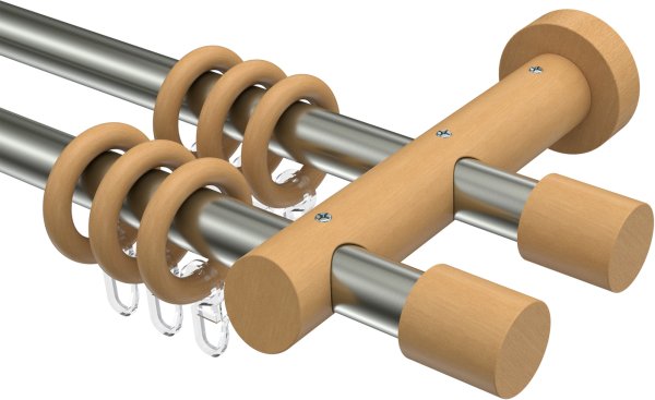Gardinenstange Metall / Holz 20 mm Ø 2-läufig TALENA - Feta Edelstahl-Optik / Buche lackiert 140 cm