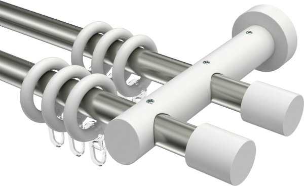 Gardinenstange Metall / Holz 20 mm Ø 2-läufig TALENA - Feta Edelstahl-Optik / Weiß lackiert 320 cm (2 x 160 cm)