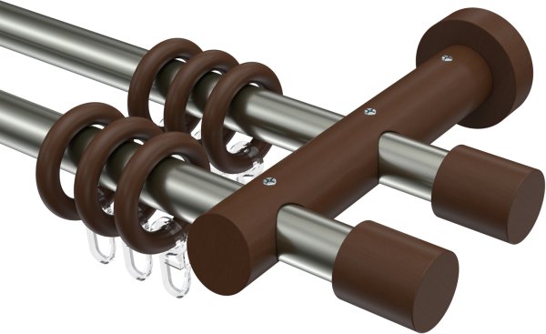 Gardinenstange Edelstahl / Holz Nussbaum lackiert 20 mm Ø 2-läufig TALENA - Feta 100 cm