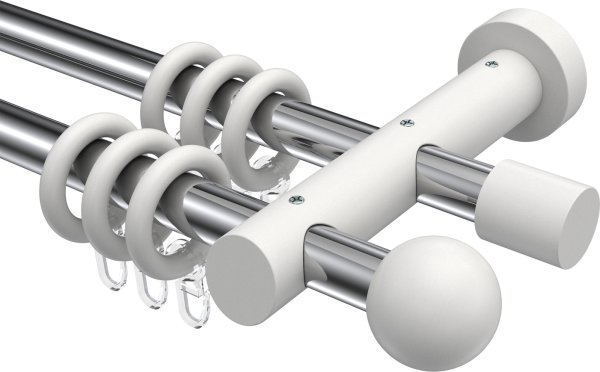 Gardinenstange Metall / Holz 20 mm Ø 2-läufig TALENA - Luina Chrom / Weiß lackiert 200 cm