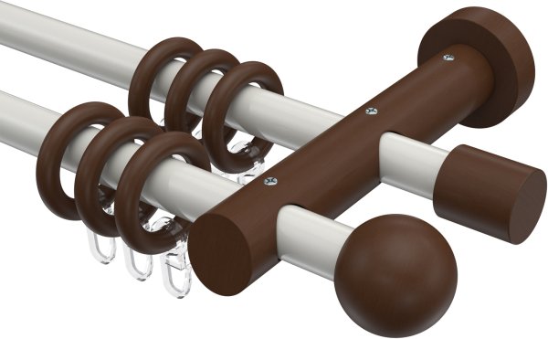 Gardinenstange Metall / Holz 20 mm Ø 2-läufig TALENA - Luina Weiß / Nussbaum lackiert 100 cm