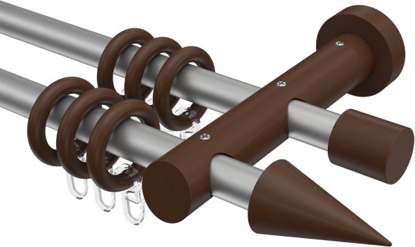 Gardinenstange Metall / Holz 20 mm Ø 2-läufig TALENA - Siveo Silbergrau / Nussbaum lackiert 100 cm