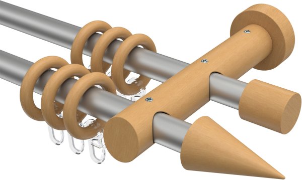 Gardinenstange Metall / Holz 20 mm Ø 2-läufig TALENA - Siveo Silbergrau / Buche lackiert 100 cm
