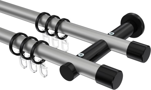 Gardinenstange Metall 20 mm Ø 2-läufig PLATON - Santo Silbergrau / Schwarz 400 cm (2 x 200 cm)