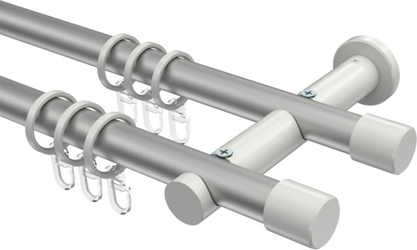 Gardinenstange Metall 20 mm Ø 2-läufig PLATON - Santo Silbergrau / Weiß 100 cm