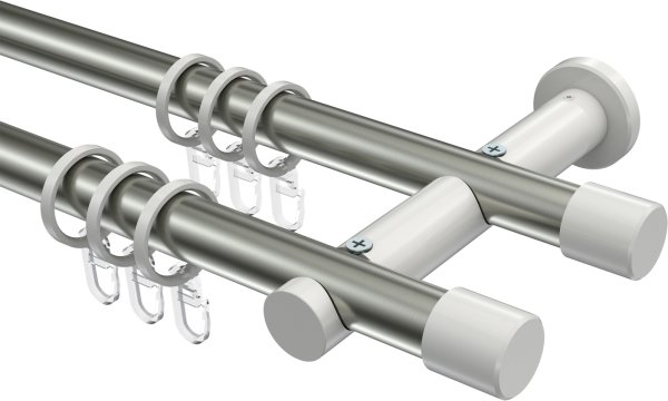 Gardinenstange Metall 20 mm Ø 2-läufig PLATON - Santo Edelstahl-Optik / Weiß 100 cm