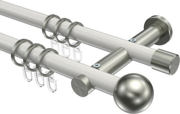 Gardinenstange Metall 20 mm Ø 2-läufig PLATON - Luino Weiß / Edelstahl-Optik 100 cm