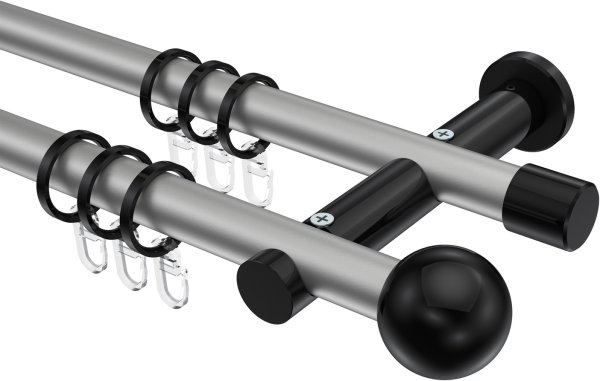 Gardinenstange Metall 20 mm Ø 2-läufig PLATON - Luino Silbergrau / Schwarz 100 cm