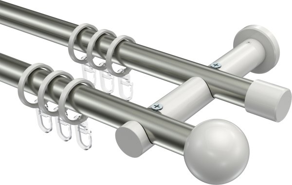 Gardinenstange Metall 20 mm Ø 2-läufig PLATON - Luino Edelstahl-Optik / Weiß 100 cm