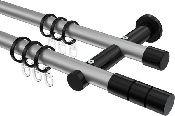 Gardinenstange Metall 20 mm Ø 2-läufig PLATON - Elanto Silbergrau / Schwarz 100 cm