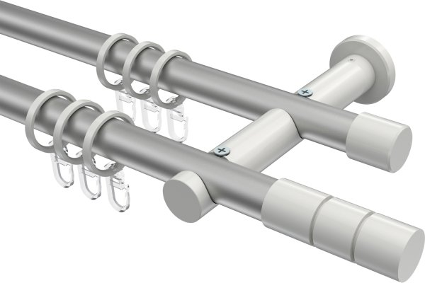 Gardinenstange Metall 20 mm Ø 2-läufig PLATON - Elanto Silbergrau / Weiß 100 cm