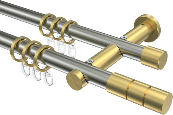 Gardinenstange Edelstahl-Optik / Messing-Optik 20 mm Ø 2-läufig PLATON - Elanto 100 cm