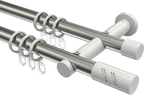 Gardinenstange Metall 20 mm Ø 2-läufig PLATON - Zoena Edelstahl-Optik / Weiß 100 cm