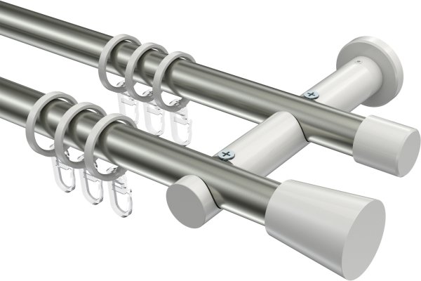 Gardinenstange Metall 20 mm Ø 2-läufig PLATON - Sitra Edelstahl-Optik / Weiß 100 cm