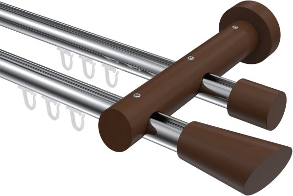 Innenlauf Gardinenstange Aluminium / Holz 20 mm Ø 2-läufig TALENT - Bero Chrom / Nussbaum lackiert 400 cm (2 x 200 cm)