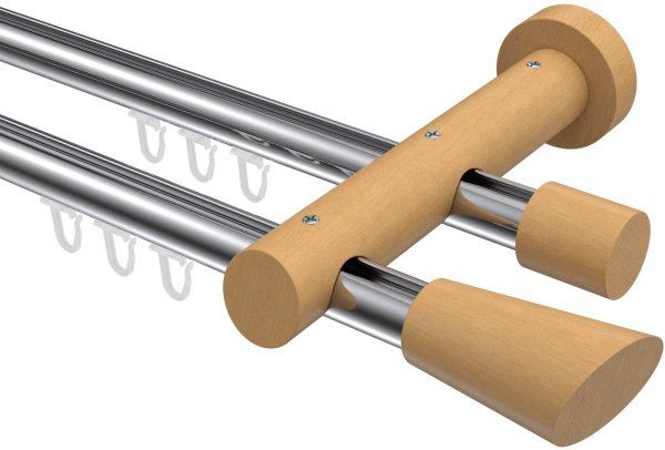 Innenlauf Gardinenstange Aluminium / Holz 20 mm Ø 2-läufig TALENT - Bero Chrom / Buche lackiert 280 cm (2 x 140 cm)