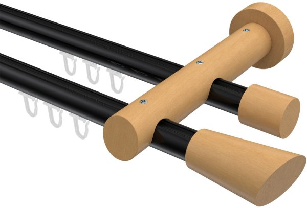 Innenlauf Gardinenstange Aluminium / Holz 20 mm Ø 2-läufig TALENT - Bero Schwarz / Buche lackiert 120 cm