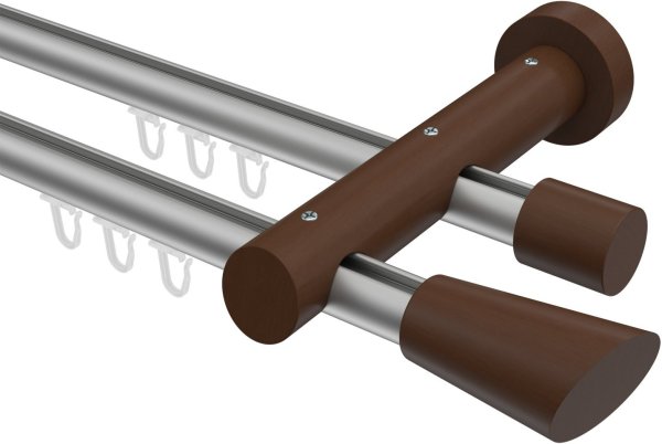 Innenlauf Gardinenstange Aluminium / Holz 20 mm Ø 2-läufig TALENT - Bero Silbergrau / Nussbaum lackiert 540 cm (3 x 180 cm)