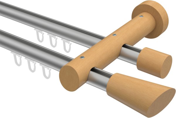Innenlauf Gardinenstange Aluminium / Holz 20 mm Ø 2-läufig TALENT - Bero Silbergrau / Buche lackiert 180 cm