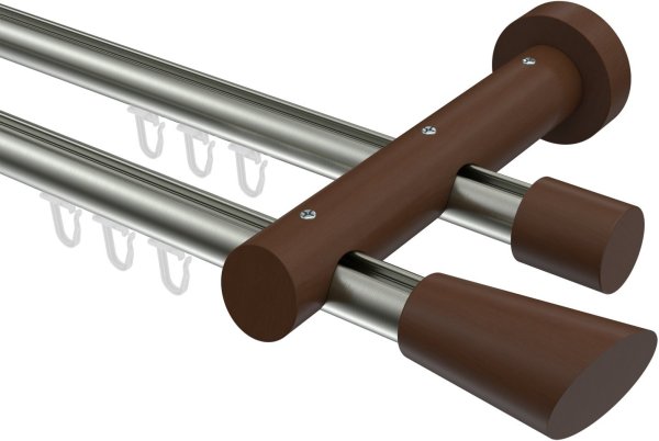 Innenlauf Gardinenstange Aluminium / Holz 20 mm Ø 2-läufig TALENT - Bero Edelstahl-Optik / Nussbaum lackiert 140 cm