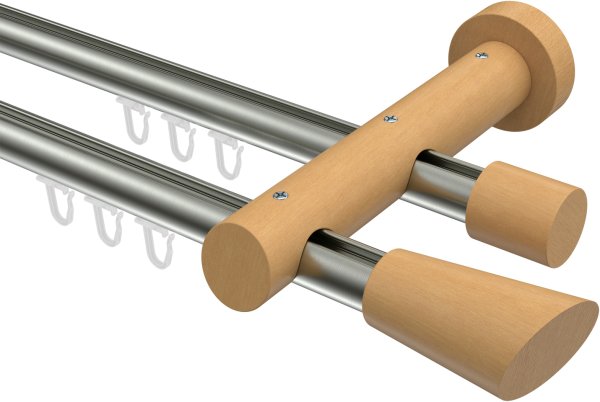Innenlauf Gardinenstange Aluminium / Holz 20 mm Ø 2-läufig TALENT - Bero Edelstahl-Optik / Buche lackiert 120 cm