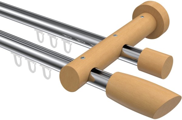 Innenlauf Gardinenstange Aluminium / Holz 20 mm Ø 2-läufig TALENT - Etta Chrom / Buche lackiert 540 cm (3 x 180 cm)