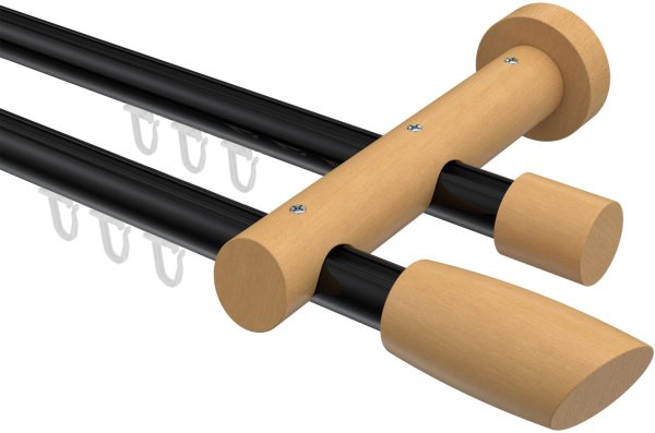 Innenlauf Gardinenstange Aluminium / Holz 20 mm Ø 2-läufig TALENT - Etta Schwarz / Buche lackiert 160 cm