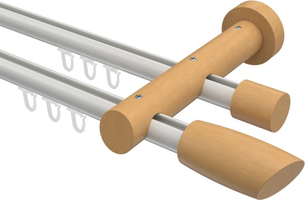 Innenlauf Gardinenstange Aluminium / Holz 20 mm Ø 2-läufig TALENT - Etta Weiß / Buche lackiert 160 cm