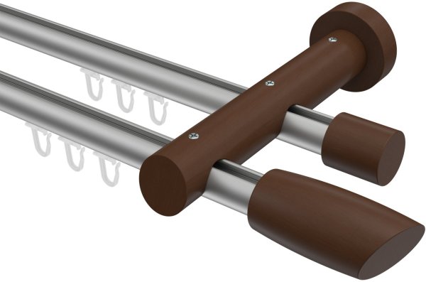Innenlauf Gardinenstange Aluminium / Holz 20 mm Ø 2-läufig TALENT - Etta Silbergrau / Nussbaum lackiert 360 cm (2 x 180 cm)
