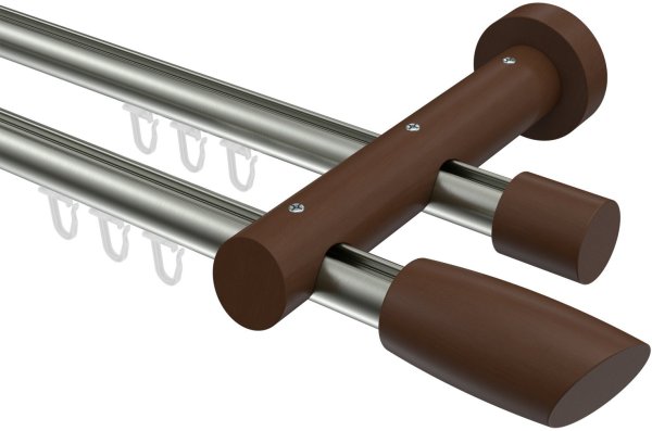 Innenlauf Gardinenstange Aluminium / Holz 20 mm Ø 2-läufig TALENT - Etta Edelstahl-Optik / Nussbaum lackiert 120 cm